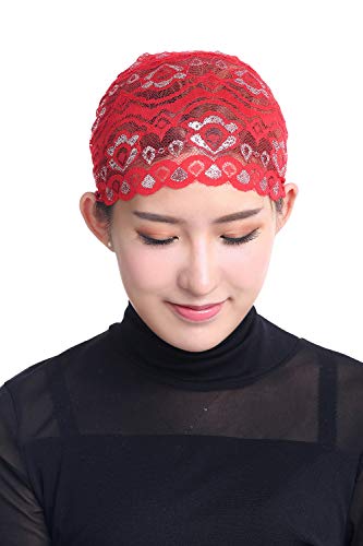 Vpang 5 Pack Womens Muslim Inner Hijab Caps Shiny Lace Head Cover Stretch Beanie Turban Hat Chemo Cap Headwrap Cover (Set 4)