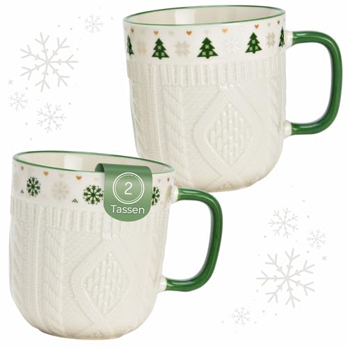Juego de 2 tazas de café blancas con asa verde – Tazas de Navidad con patrón de punto de porcelana, 345 ml