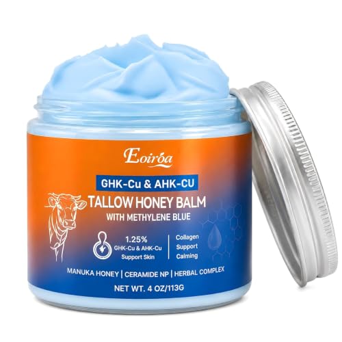 Eoiroa Copper Peptides GHK-Cu Beef Tallow Cream Face Skin Balm 4 oz - with GHK-Cu & AHK-Cu, Natural Beef Tallow, Methylene Blue, Manuka Honey, for Dry Sensitive Skin Blue Body Balm