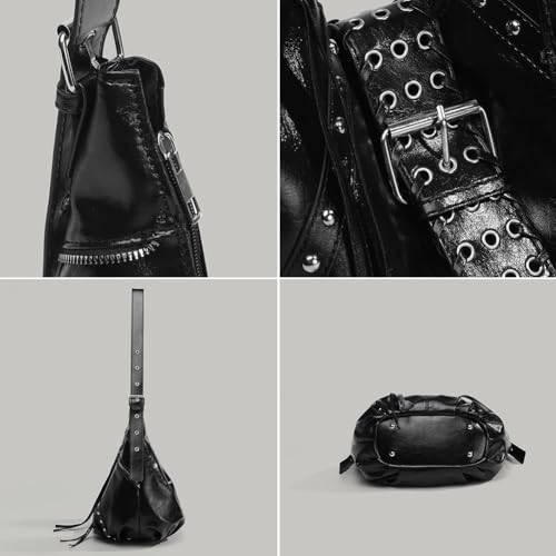 Women's Patent Leather Hobo Bag, Punk Style Rivets Bucket Crossbody Bag, Large Capacity Slouchy Shoulder Tote for Commute2