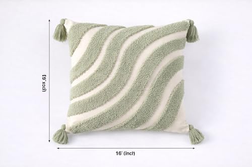 Image of Cushion Cover Pack of 4 (16x16 Inches) | Cotton Textured Decorative Throw Pillow Case for Sofa Bed Living Room Tufted Cushion Cover with Tassels (Green)