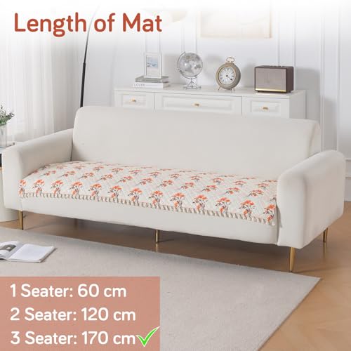 Image of HOKIPO Autumn Blossom Quilted Sofa Cover Mat for 3 Seater Sofa with Tassels 'Tassel Twigs' Series (IN-985-T5)