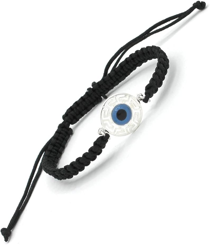 Black Komboskini Macrame Adjustable Bracelet with Sterling Silver Round "Mati" Evil Eye w/Greek Key