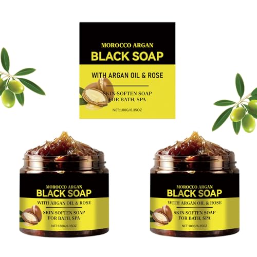 2pcs Jabón Negro Marroquí Exfoliante Corporal de Marruecos con Aceite de Argán y Rosa para Piel Suave Exfoliante Corporal Dispensador de Jabón para Baño para Todo Tipo de Piel 200g