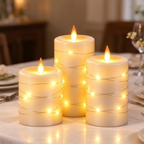Da by 3 Stück Elfenbein Paraffin LED Kerzen mit Feenlichtkette, Realistische Flackerflamme… – Ansicht 6