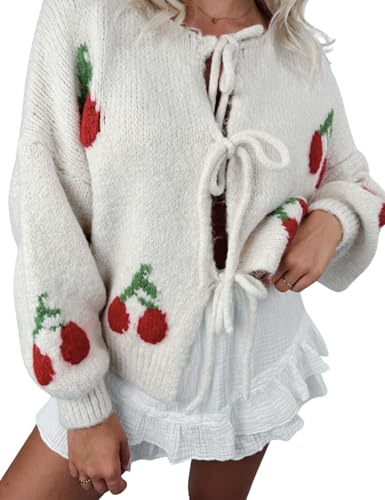 Image of FindThy Women's Tie Front Cardigan Sweater Cute Long Sleeve Crew Neck Bow Knot Knit Outwear