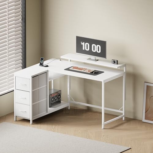 YeTom l字デスク 幅100.5cm パソコンデスク 机 pcデスク モニタ台の高さ調節可能 コーナーデスク 本棚付き 引き出しとコンセント付き 左右入れ替え対応 オフィスデスク 勉強机 学習机 ホームオフィス用 白い [2]