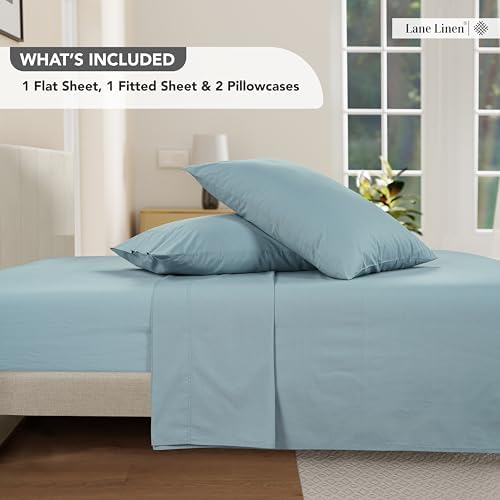 LANE LINEN Queen Bed Sheets – Long-Staple 100% Cotton, Naturally Cooling Sheets Queen Set in Percale Weave, Hotel Luxury Finish, Durable for Daily Use, 15” Deep Pocket, No Pill – French Blue - Thumbnail 4