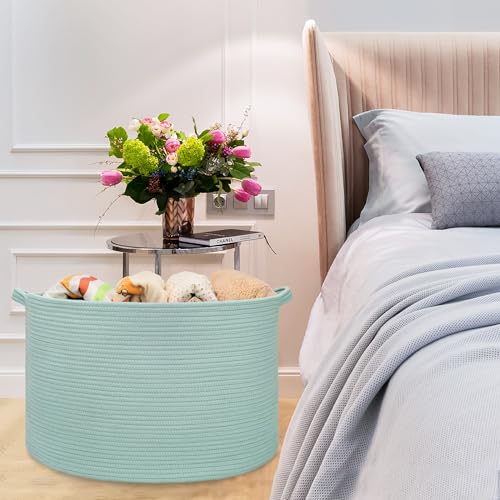 Image of Large Cotton Rope Blanket Basket, 87L Laundry Hamper, Light Green