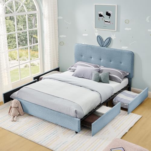 Image of Queen Led Bed Frame with 4 Storage Drawer, Upholstered Platform Floor Bed with Rabbit Ear Headboard Daybed Strong Wooden Slats No Box Spring Needed for Kids Girls Boys, Blue