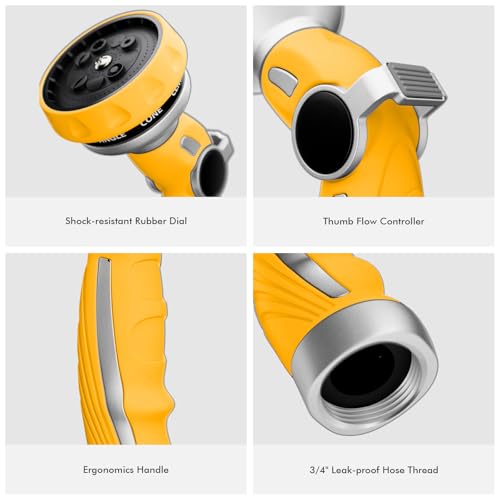 Image of RESTMO Hose Nozzle Heavy Duty, Metal Water Hose Sprayer for Garden | 9 Spray Patterns, High Pressure, Thumb Flow Control, On /Off Valve, Ideal for Outdoor Lawn & Plant, Car & Pet, Yellow