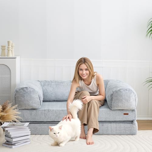 COMAX Folding Sofa Bed Queen, Foldable Couch Bed, Fold Out Futon Chair Sleeper for Adults, Convertible Floor Mattress Sofa for Bedrooom Living Room, Snow Light Grey