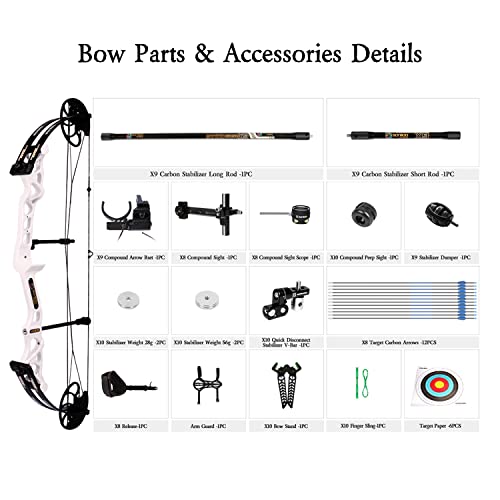Sanlida Hero X8 Target 2022 Compound Bow And Arrow Kit With All Accessories White/14-60Lbs/Cnc Machined Cams And Modules/Limited Life-Time Warranty #TOP2