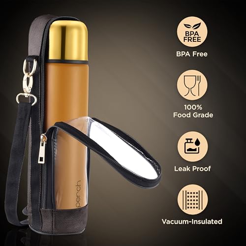 Image of Perch California Stainless Steel Water Bottle 1 LTR | Hot & Cold Flask | ISI Certified | Vacuum Insulated | Leak Proof | BPA Free | for Office, School, Gym & Travel | Gold-Amber | Crafted by Pexpo