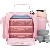 Hydra Cup Meal Prep Bag, Lunch Bag with Containers Included, Insulated Lunch Box with Containers, Meal Prep Lunch Bag with Shaker Bottle, Ice Packs, Cup Holder & Trolley Sleeve (Pink)