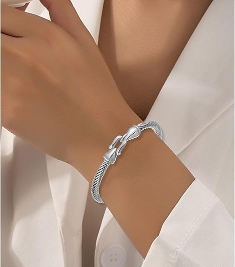 Stainless Steel Cable Wire Open Cuff Adjustable Size Bangle Zircon inlaid Bracelet - Image 3