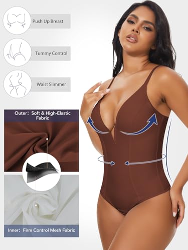 Image of SHAPERIN Bodysuit for Women Shapewear Tummy Control Deep V Neck Plunge Sleeveless Backless Thong Body Suit Tank Top