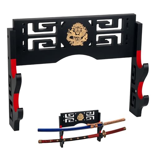 Alyoen Sword Display Katana Wall Mount 2-Tier Samurai Sword Katana Holder Stand with Velvet Padded Hook & Dragon Pattern Sword Rack for Wakizashi Samurai Lightsaber