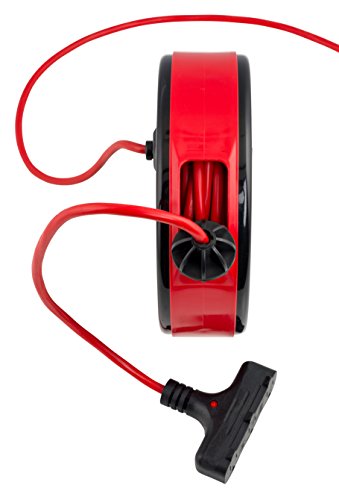 Copperpeak Tools Retractable Extension Cord Reel - 30 Ft 16Awg- 3 Electric Power Outlets - Ceiling Or Wall Mount - Red And Black #TOP3