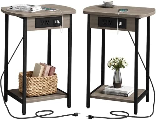 SOOWERY End Tables with Charging Station, Set of 2 Side Tables with USB Ports and Outlets, Nightstands with Storage Shelf for Living Room, Bedroom, Greige