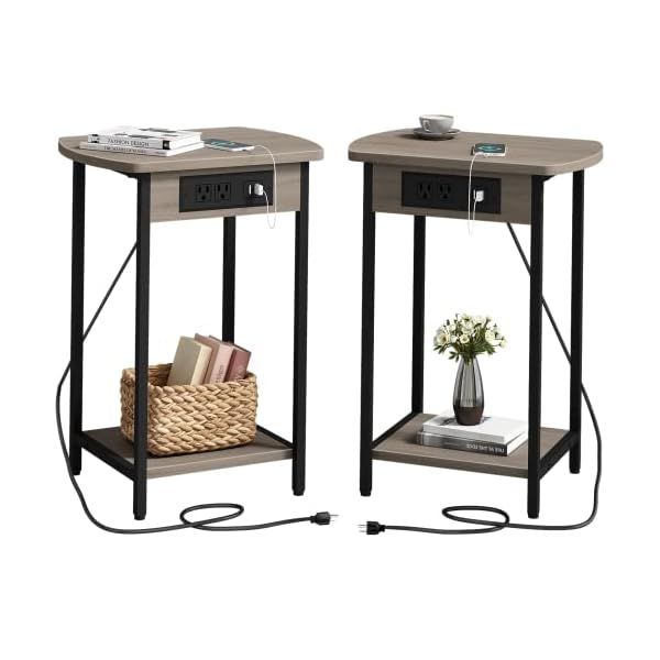 SOOWERY End Tables with Charging Station, Set of 2 Side Tables with USB Ports and Outlets, Nightstands with Storage Shelf for Living Room, Bedroom, Greige