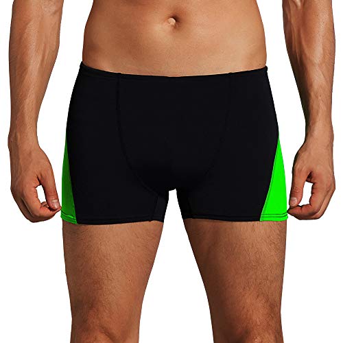 Leshang Men Swim Trunks Boxers Beach Drawstring Shorts Male Swimsuit Polyester PBT Fabric Quick Drying-Black&Green-40