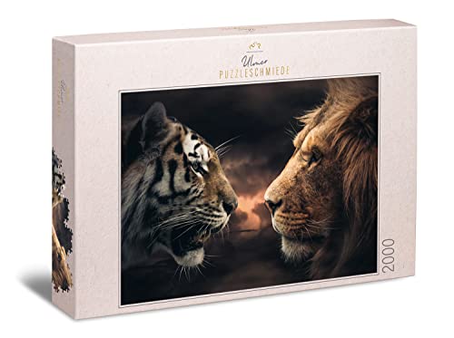 Ulmer Puzzleschmiede - Puzzle "Rumble in The Jungle" - Impresionante rompecabezas de 2000 piezas con león y tigre - Quién es el rey en el reino de los animales - Puzle de gatos depredadores