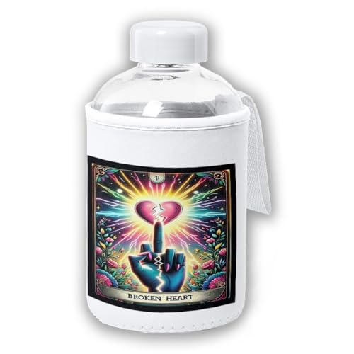 MERCHANDMANIA Bidón cristal con Funda soft shell carta tarot graciosa meme corazon roto broken heart tapon seguridad botella