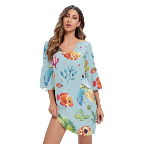 Robe créature bleu élégante tortue de mer col v fluide manches 3/4