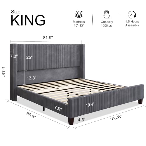 Image of HOWE King Size Bed Frame with 50.8 Inch Corduroy Wingback Headboard, Gray | Modern Upholstered Platform Bed, Solid Wood Slats, No Box Spring Needed, Noise-Reducing Design