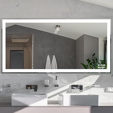 ANYHI LED Bathroom Mirror with Lights 48'' x 24'' Dimmable Bathroom Vanity Mirror, Anti Fog Waterproof Wall Mounted Makeup Mirror, 3 Color Modes, Silver Aluminum Frame, Horizontal/Vertical Cover