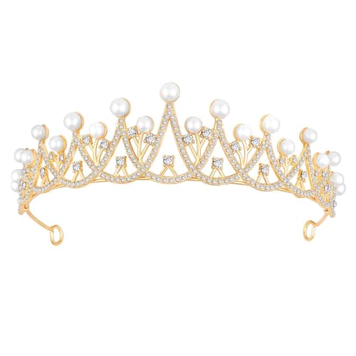 Image of Peora Cubic Zirconia & Pearl Studded Princess Tiara Crown Hair Accessory for Girls & Women