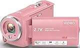 Fxmug Video Camera Camcorder, QHD 2.7K 56MP 16X Digital Vlogging Camera with LED Fill Light for YouTube, 2.8'' 270° Rotation Screen Camcorder Camera with 32GB Card and Two Batteries（Pink）
