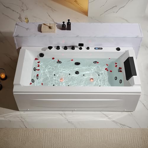 Empava Acrylic Whirlpool Bathtub, 71-Inch Jetted Bathtub with Healing Chromotherapy, Heated Soaking tub with LED Control Panel, Comforting Hydro Massage Tub with Waterfall, Black Hardware and Nozzles by Empava - Used condition - US$2351.24