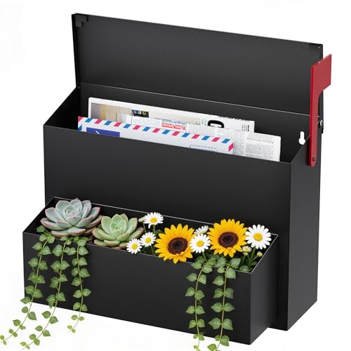 VERSASKY Wall Mount Mailbox for Outside with Planter, Large Capacity, Black, 14.2' W