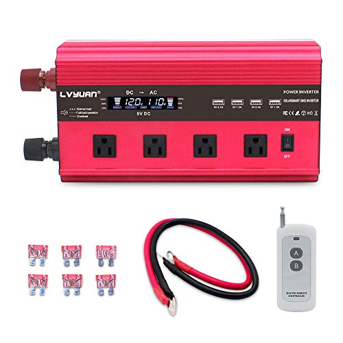 LVYUAN Power Inverter 2500W/5000W Inverter 12V to 110V Dc to AC DC 12V Inverter with Remote Control LCD Display 4 AC Sockets 4 USB Charge Ports 4 Cooling Fans
