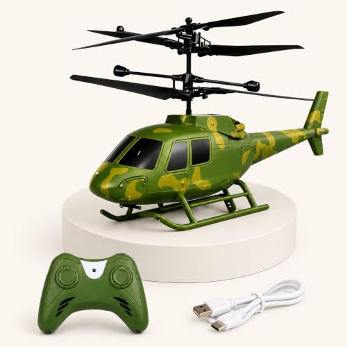 Image of KIDZYMON New Age Technology RC Helicopter with USB Cable, Safety Sensor 3.1, Gravity 2.6, 3D Light, Charging Battery, Indoor and Outdoor Flying, Remote Battery not Included (Army)