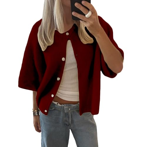 Image of Women's Y2K Crop Cardigan Sweater Short Sleeve Round Neck Button Down Sweater Fall Winter Knit Top Streetwear