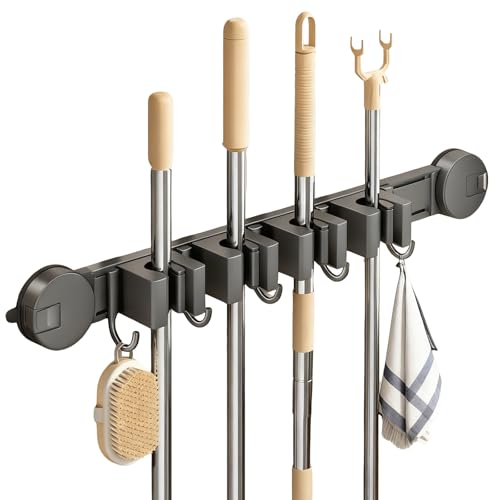 La Mejor Selección de Almacenaje y organización del garaje los mejores 10. 47 DOKYW Organizador de Escobas y Trapeadores para Pared, 4 Espacios y 5 Ganchos, con Ventosa y sin Perforaciones, Ideal para garajes, cocinas y baños