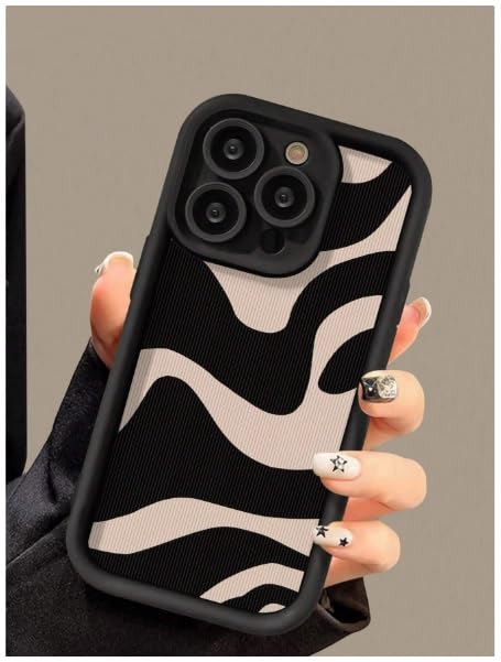 Image of COVERLY Abstract Wave Back Case Cover for iPhone 12 Pro | Hot 3D Wavy Zebra Cute Design | Camera Lens Protection | Soft TPU Silicone Aesthetic Print Cover for Girls & Women (Black & Beige, Shockproof)