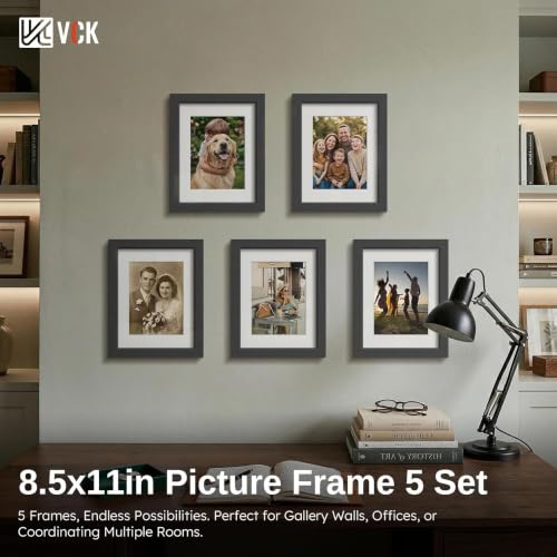 Image of VCK 8.5 by 11 Picture Frame 5 Pack, Black Wood, 6x8 Mat, Glass, for Diploma