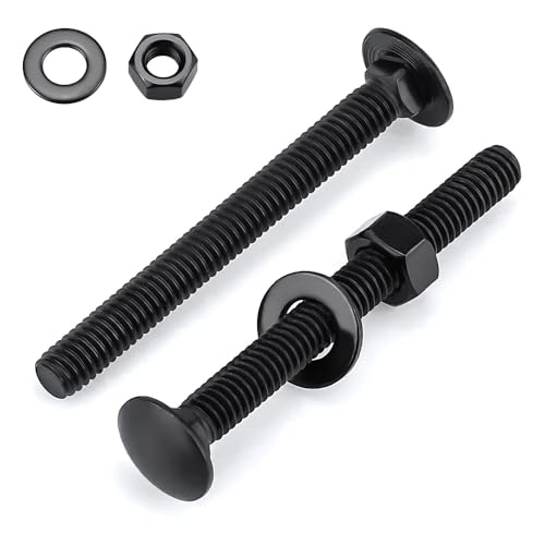 10 Sets 3/8-16 x 4 Black Carriage Bolts Screws and Hex Nuts & Flat Washers, 304 Stainless Steel 18-8, Round Head Square Neck, Full Thread Coverage