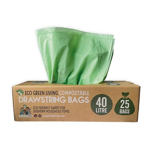 Ecogreenliving 40L Compostable Drawstring Bag, 40 Litre Bin Bags, Eco-friendly Bin Liners, Heavy Duty Compostable Draw String Bag roll contains 25 bags Ecogreenliving 40L Compostable Drawstring Bag, 40 Litre Bin Bags, Eco-friendly Bin Liners, Heavy Duty Compostable Draw String Bag roll contains 25 bags