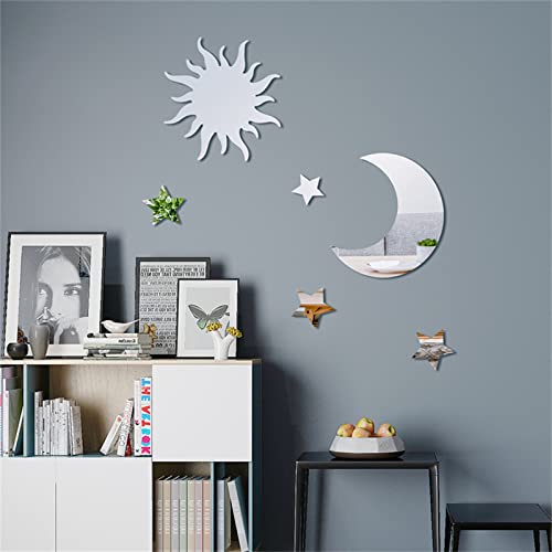 TROYSINC Juego de 6 espejos de pared extraíbles, con sol, luna, estrella, creativos, decoración de pared, decoración de pared para salón, dormitorio