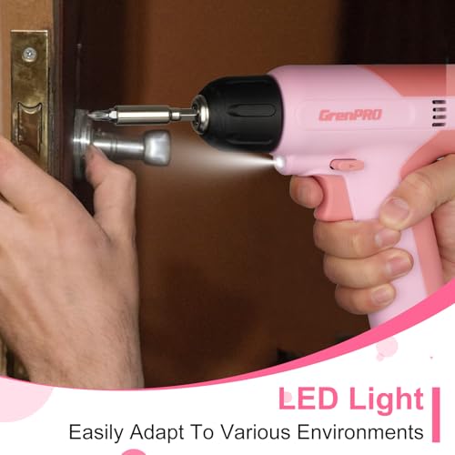 Image of GRENPRO Cordless Drill, 7.2V Power Drill Set with 23pcs Acessories, 3 /8 inch Keyless Chuck, Built-in LED, Type-C Charge Cable, Cleaning Brush Head, Pink Electric Screwdriver for Women