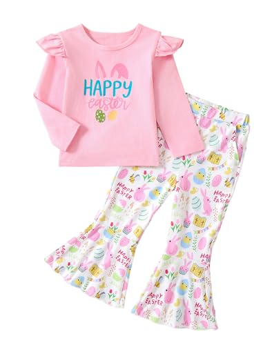 Image of Easter Outfit Toddler Girl Bunny Print Short Sleeve Tee Shirt Cute Flare Pants Easter Outfits for Girls 2-6T