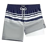 maamgic 7 Inch Mens Swim Trunks with Compression Liner Board Shorts with Zippered Pocket Bathing Suit for Beach Vacation Blue-Gray Stripes XX-Large