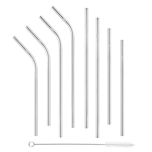 SHO Reusable Premium Stainless Steel 8 Set Metal Straws - 4 Bent, 4 Straight, 1 Cleaner, Multiple Sizes - 22.8cm (9), 18.3cm (7.5), 22.5cm (8.8), 18cm (7.1) - Drinking Straw, Case Included