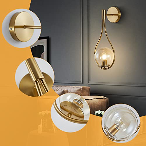 Image of KCO Lighting Glass Globe Wall Mounted Sconce Gold Teardrop Wall Sconce Vintage Cordless Sconces Wall Lighting for Stairwell Bathroom Bedroom (Gold + Amber)