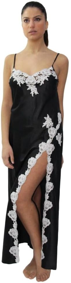 MARJOLAINE Elegant Nightgown, Long in Pure Silk with Applied lace 40 Nero
